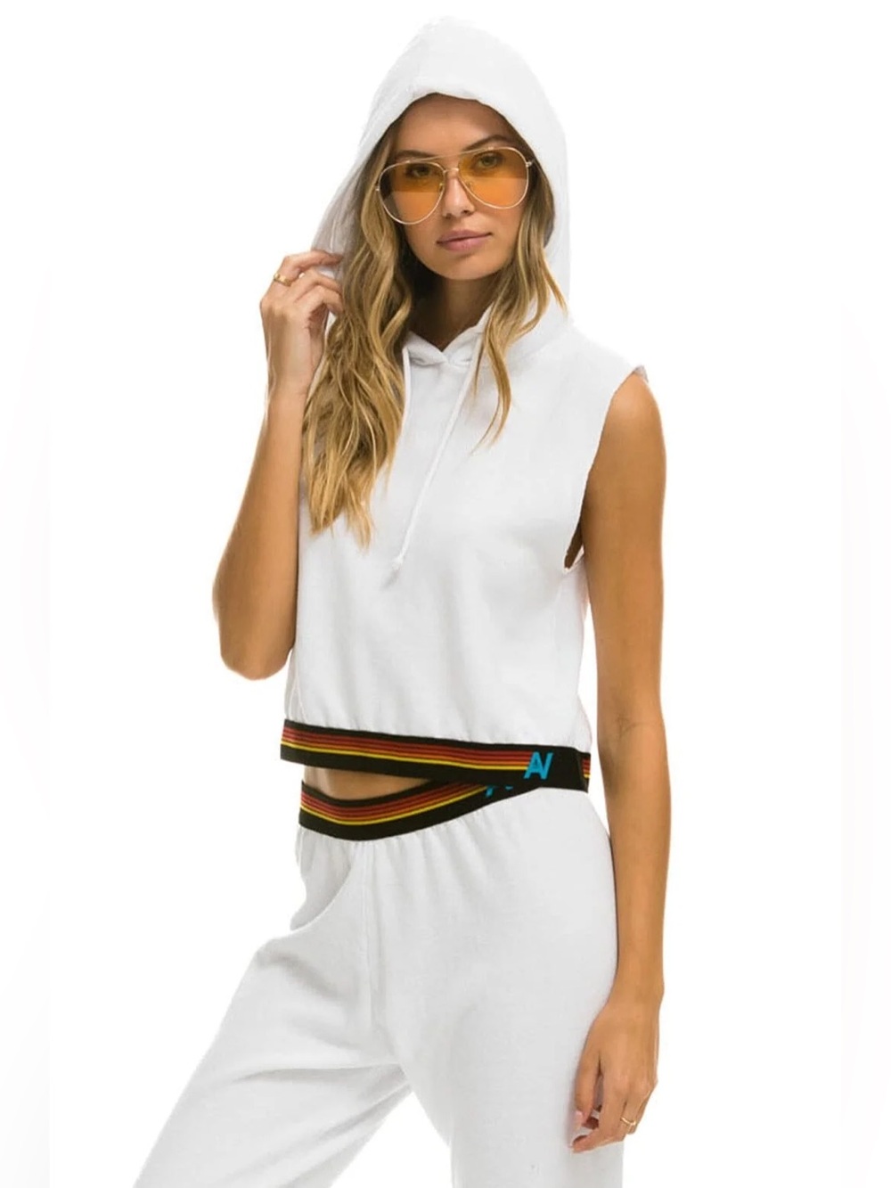 Aviator Nation logo stripe sleeveless crop pullover hoodie white